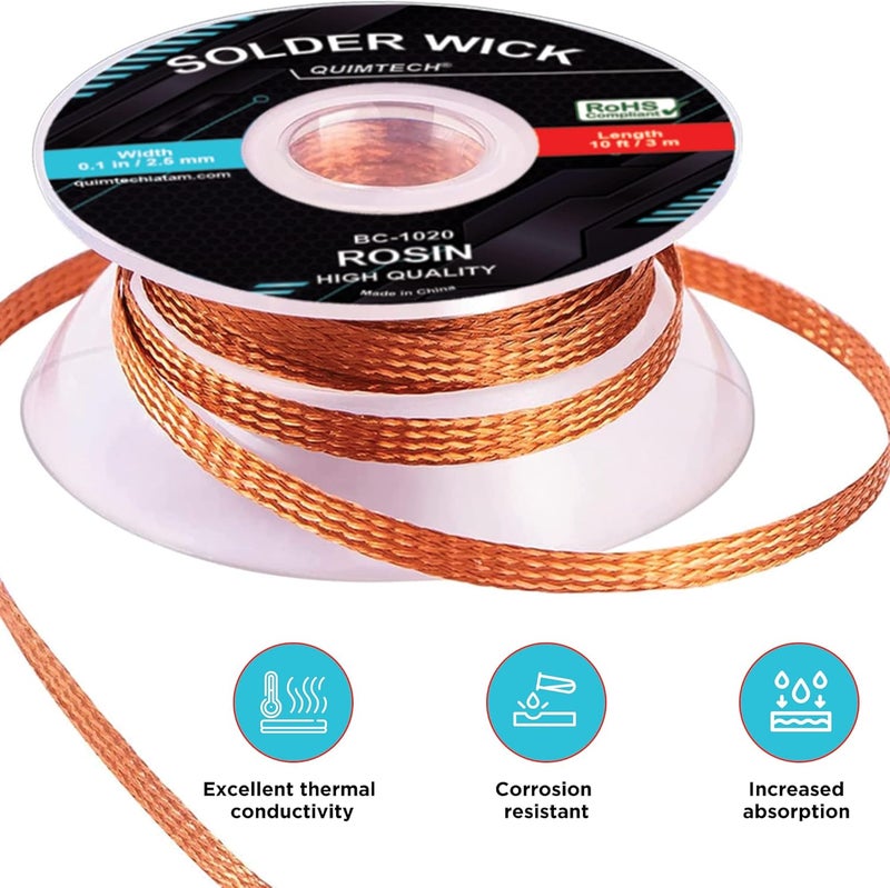 QUIMTECH Solder Wick Braid Copper Wire with flux 10 ft.(3M) Length X 2.5mm Width I Desoldering Wire I Solder Sucker I Solder Remover I Soldering Iron I Solder Braid for Circuit Board (1pcs) - Image 4